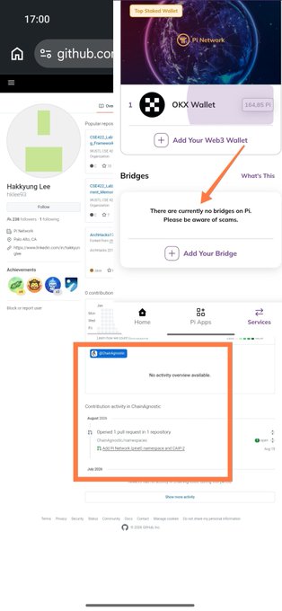 The screenshot shows GitHub profile of Hakkyung Lee (hklee93) alongside Pi Network's OKX Wallet bridge page and contributions tab, with a red arrow pointing to "There are currently no bridges on Pi" and highlighting an August 2026 pull request proposing Pi Network to ChainAgnostic's CAIP-2 blockchain identification system as "pinet:mainnet."