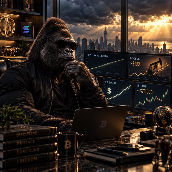 An AI-generated image shows a gorilla wearing sunglasses sitting at a desk with multiple monitors displaying financial charts labeled 'U.S. 10Y YIELD CURVE', 'CRUDE OIL > $100', 'U.S. DOLLAR $', and 'BITCOIN ~ $78,000', with a laptop and books titled 'DISCIPLINE', 'PATIENCE', and 'COMPOUND' on the desk.