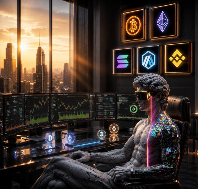 A digital artwork of a classical Greek statue wearing futuristic sunglasses, sitting at a desk with multiple monitors displaying cryptocurrency trading charts, with neon logos for Bitcoin, Ethereum, Solana, and Binance visible on the wall.