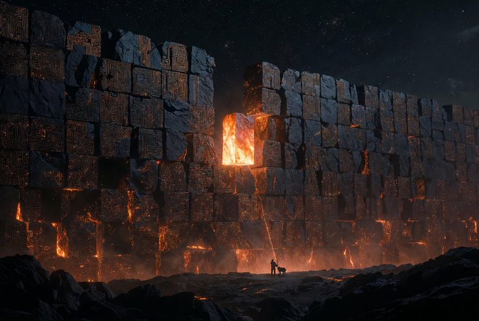 A dark, epic fantasy scene showing a lone figure and a dog standing before a massive stone wall with glowing orange lava seeping through its cracks and a fiery portal in the center.