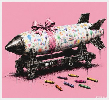 The image is a vibrant street art-style digital illustration featuring a bomb wrapped like a birthday gift with a pink ribbon, decorated with "Happy Birthday" text, balloons, and a birthday cake, mounted on a military cart labeled "GBU-57" alongside scattered colorful bullets on a pink background. The artist's signature "BEVERLY KILLS" appears in the corner, tying it to the post's announcement of Beverly Kills' "Child's Play" collection on SuperRare.