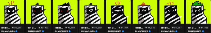 The image displays eight colorful RH BTC Machine character cards, each tagged "RH MACHINES" with unique IDs (#3,001 through #3,008) and a small red dot, illustrating the collection of machines referenced in the post about purchasing these assets that earn forever once activated with $PRINTER tokens.