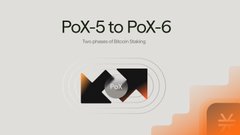 A promotional graphic titled 'PoX-5 to PoX-6' displaying a Bitcoin mining physical device with text reading 'Two phases of Bitcoin Staking.'