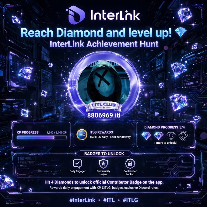 A promotional graphic for "InterLink" advertising an "InterLink Achievement Hunt" to reach Diamond status, featuring XP progress, badges, and diamond rewards on a dark tech-themed background.