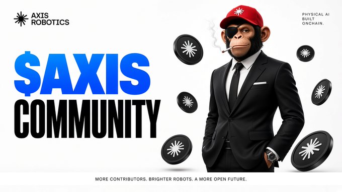 A promotional banner for '$AXIS COMMUNITY' showing a 3D-rendered chimpanzee in a black suit and red cap smoking a cigar, surrounded by floating black tokens, with 'AXIS ROBOTICS' and 'PHYSICAL AI BUILT ONCHAIN' text.