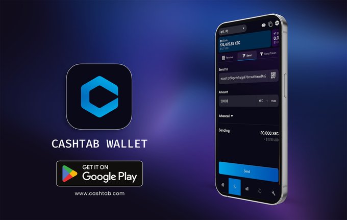 Promotional image for "Cashtab Wallet," available on Google Play (www.cashtab.com), showing a smartphone interface for sending cryptocurrency (XEC) with a balance of 114,476.89 XEC ($9.05 USD) and a transaction screen displaying a 20,000 XEC send amount.