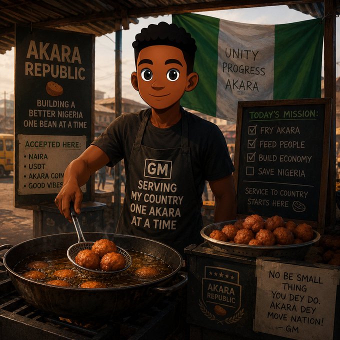 An illustrated cartoon of a young man frying akara (bean fritters) at a 'Akara Republic' food stall with slogans like 'UNITY PROGRESS AKARA' and 'NO BE SMALL THING YOU DEY DO. AKARA DEY MOVE NATION!'.