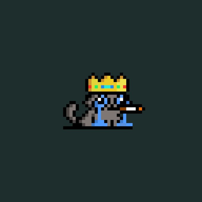 Pixel art of a gray cat wearing a gold and blue crown and blue cape.