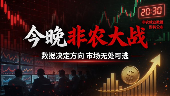 A dramatic financial graphic in red and black features Chinese text "今晚非农大战" (Tonight's Non-Farm Battle) and "数据决定方向 市场无处可逃" (Data decides direction, the market has nowhere to escape), alongside a countdown timer at "20:30" and "非农就业数据即将公布" (Non-Farm employment data about to be released), depicting traders watching charts with a golden upward arrow and dollar coin symbolizing the high-stakes NFP release the post is previewing.