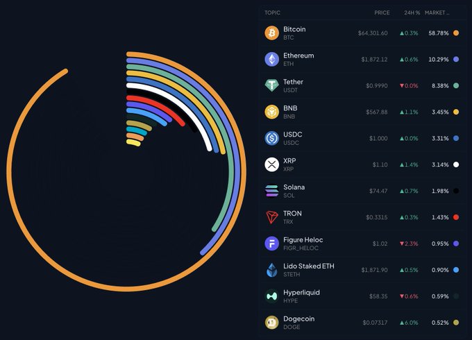 A crypto market dashboard displays the top 12 cryptocurrencies by market share, with Bitcoin leading at $64,303.60 (▲0.3%, 58.78% market share), followed by Ethereum ($1,872.12, 10.29%), Tether ($0.9990, 8.38%), BNB ($567.88, 3.45%), and USDC ($1.000, 3.31%). The accompanying radial chart visually emphasizes how Bitcoin alone dominates the market, illustrating the post's claim that the top 5 coins account for 80.9% of the entire crypto market cap among 17,802 total coins.