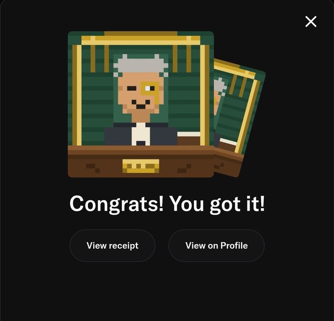 A digital interface displays a pixel art card with the text 'Congrats! You got it!' above buttons for 'View receipt' and 'View on Profile'.