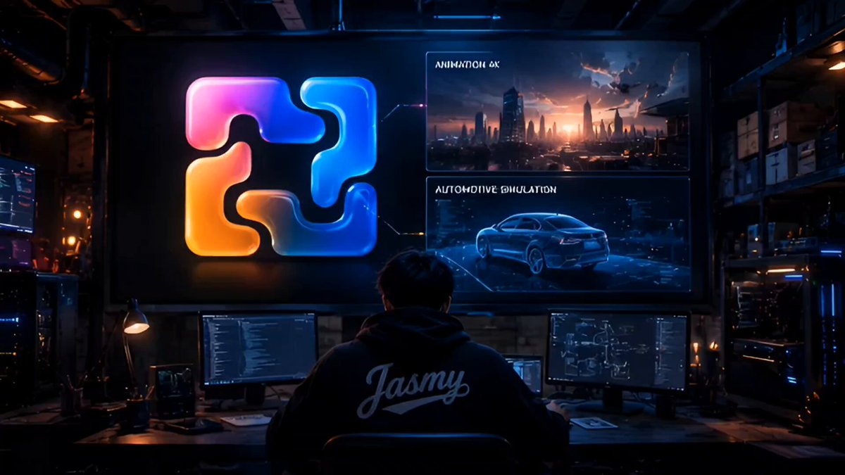 The image shows a person sitting at a desk with two computer monitors, one of which displays an animated scene featuring a car. The person appears to be working or creating content related to animation or 4K videos. The text "#JASMY LAB" is also visible in the image, suggesting that this individual might be involved in the development and production of such content.