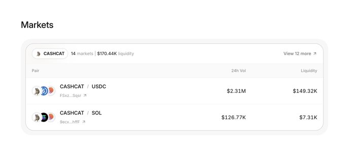 The image displays a "Markets" section for the CASHCAT token, showing 14 markets with $170.44K total liquidity, including the CASHCAT/USDC pair (FS5xz..5ger) with $2.31M in 24h volume and $149.32K liquidity, and the CASHCAT/SOL pair (9ecx..htff) with $126.77K in 24h volume and $7.31K liquidity. This data supports the post's claim that approximately 16% of CASHCAT's volume ($126.77K out of ~$2.44M) is now trading on Solana.