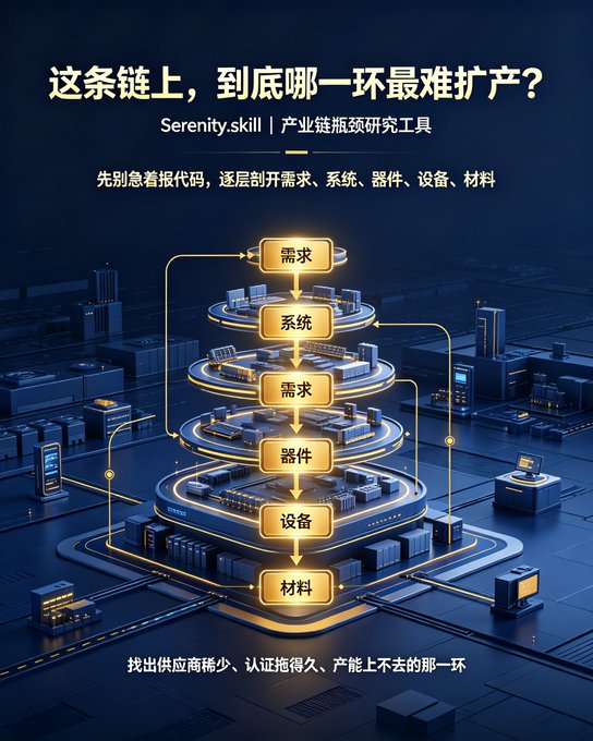 A Chinese-language infographic from Serenity.skill asks '这条链上，到底哪一环最难扩产?' (Which link in this chain is the hardest to scale?) showing a hierarchy: 需求, 系统, 需求, 器件, 设备, 材料.