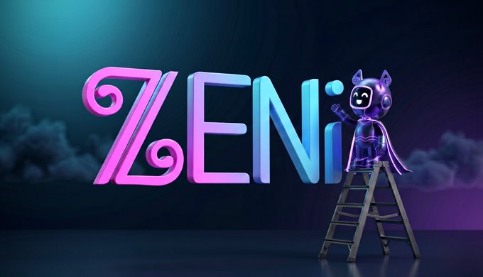 The image features a cartoon character, possibly a robot or a cat, standing on top of a ladder against a dark background. The text "ZENi" is written above the character's head, which is located at the center of the image. Below this, there are two more lines of text that read "The best things are built with intention. Not overnight. Not by accident. Contribution by contribution." These words seem to be related to a post on social media or a website about growing with Zeni. The character's position and the presence of the text create an interesting visual contrast, making it stand out against the dark background.