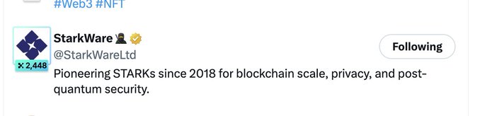 A tweet by @StarkWareLtd showing their profile with 2,448 followers, description "Pioneering STARKs since 2018 for blockchain scale, privacy, and post-quantum security," and tags #Web3 #NFT, referenced in a post promoting the ticker $STRK.
