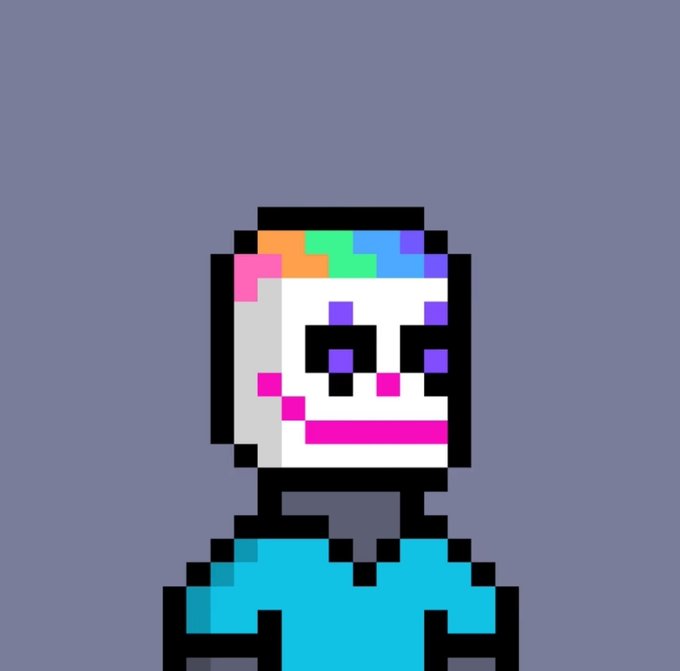 A pixel art character with a colorful, glitchy face featuring a rainbow-colored forehead and pink mouth, wearing a cyan shirt against a solid blue background.