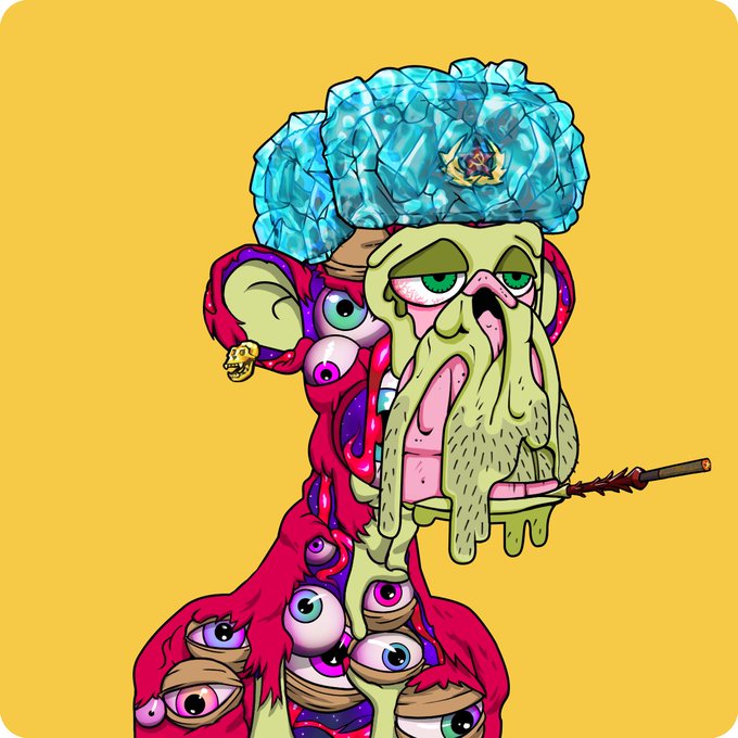 A surreal cartoon illustration depicts a bizarre green, eye-covered creature with a large blue crystalline headpiece and a sword, set against a yellow background.