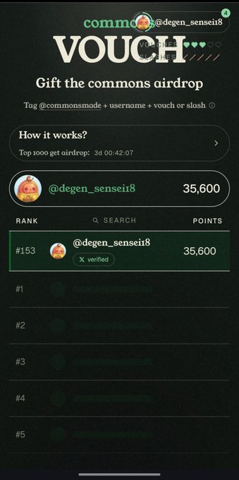 A 'commons VOUCH' airdrop leaderboard shows user @degen_sensei8 ranked #153 with 35,600 points in an event titled 'Gift the commons airdrop'.