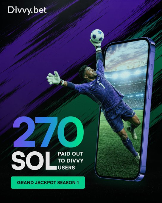 A promotional graphic for Divvy.bet advertising a 270 SOL payout from their 'Grand Jackpot Season 1,' featuring a soccer goalkeeper diving out of a smartphone screen against a purple background.
