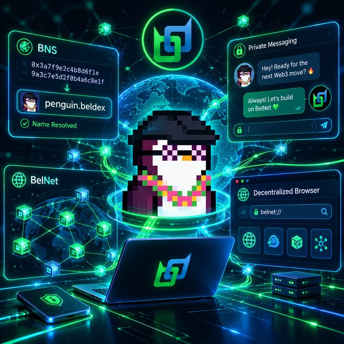 Digital artwork for BelNet/BNS showcasing a pixelated penguin character labeled 'penguin.beldex' alongside features like Private Messaging, Decentralized Browser, and BelNet connectivity over a glowing globe.