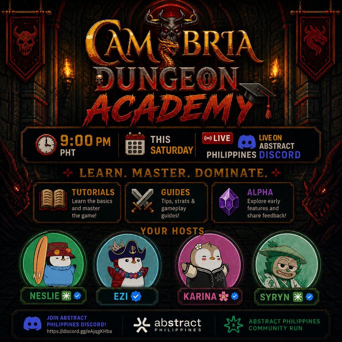 The image features a poster for a video game called "CambrIA DUNGEON ACADEMY". The poster displays a list of characters, including penguins, dragons, and other fantastical creatures, along with their corresponding names such as "Neslie", "Ezi", "Karin", and "Syrn". The poster also includes information about the game's schedule, which is set for Saturday at 9:00 PM. The main focus of the poster is to promote the game and encourage people to join the Academy by learning how to run their own dungeons.