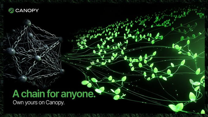 An advertisement for Canopy with the text 'A chain for anyone. Own yours on Canopy.' featuring green glowing leaves transforming from a geometric network structure on a dark background.