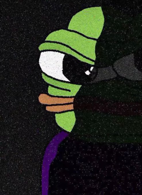 A dark, stylized illustration of a figure in green and orange clothing with a purple tube/strap, against a grainy black background, resembling an anime or video game character (Duck Hunt dog style).