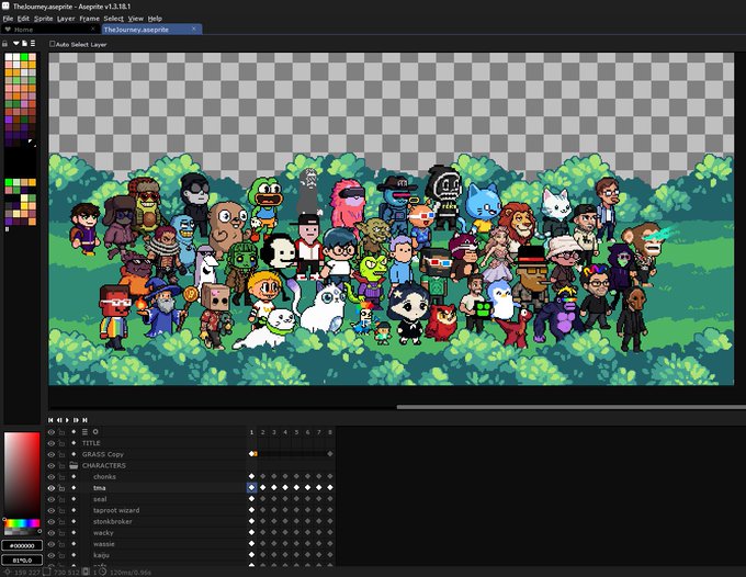 Screenshot of Aseprite v1.3.18.1 pixel art editor showing a large group of diverse characters titled 'TheJourney.aseprite' on a checkered transparent background with green foliage.
