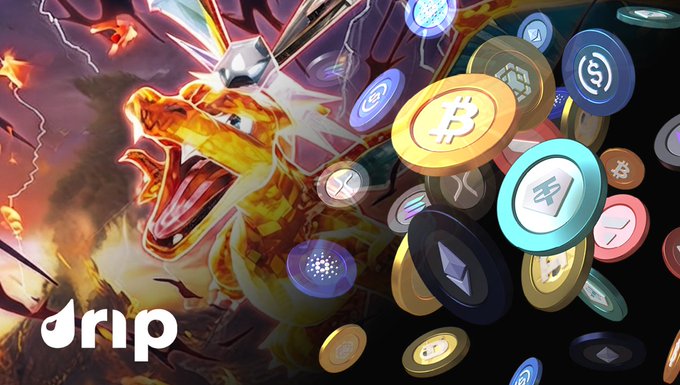 A vibrant digital artwork featuring a roaring dragon and soccer ball on the left, with colorful cryptocurrency coins (including Bitcoin and Cardano) tumbling through the air on the right, overlaid with the 'drip' logo.