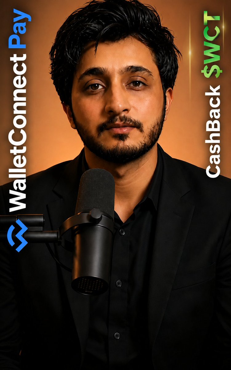 Portrait of a man in a black suit speaking into a microphone, flanked by text reading 'WalletConnect Pay' on the left and 'CashBack $WCT' on the right.