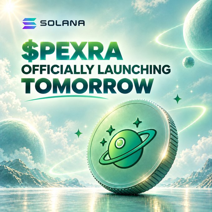 A celestial-themed promotional graphic for "$PEXRA" features a green cosmic coin with a Saturn-like emblem floating above water under a starry sky, with the Solana logo and bold text reading "$PEXRA OFFICIALLY LAUNCHING TOMORROW." The image visually reinforces the post's announcement of a Solana-based meme coin launch and airdrop giveaway requiring followers to submit their SOL wallets.