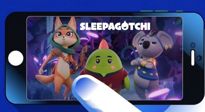 The image shows a smartphone displaying the "SLEEPAGOTCHI" app promotional screen, featuring three animated characters—a fox-like creature in a green hood, a green round character with a pointed head, and a koala-like character in a blue outfit—set against a mystical purple forest background, with a finger tapping the screen. This visual ties directly to the post's message about Sleepagotchi being more than just a "sleep and earn tokens" concept, emphasizing how the app's daily usage stems from building a healthy sleep habit rather than speculation.