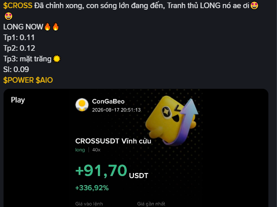 A dark-themed screenshot displays Vietnamese cryptocurrency trading text mentioning $CROSS with trading parameters (Tp1: 0.11, Tp2: 0.12, Tp3: mất trắng, Sl: 0.09), alongside a Binance-style card showing CROSSUSDT 'Vinh cứu long' with a gain of +91.70 USDT (+336.92%) posted by ConGaBeo.