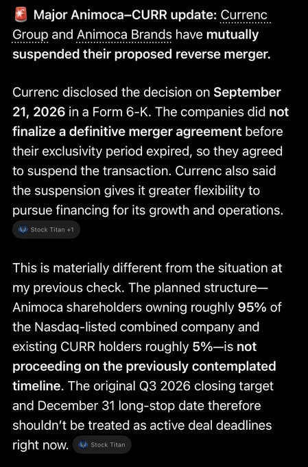 A screenshot of a news update about Major Animoca–CURR stating that Currenc Group and Animoca Brands have suspended their proposed reverse merger, disclosed on September 21, 2026 via Form 6-K.
