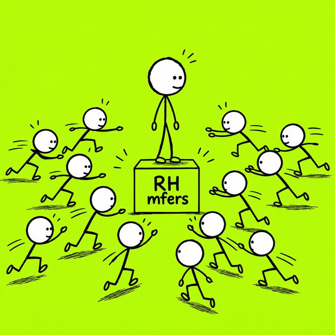 A cartoon illustration on a bright green background shows a stick figure standing on a box labeled 'RH mfers' while other stick figures run toward it excitedly.