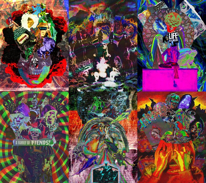 A colorful, surreal collage artwork divided into six panels with vibrant reds, purples, and greens, featuring distorted figures and text reading 'LIFE IS A FAIL!' and 'A FAMILY OF FIENDS.'