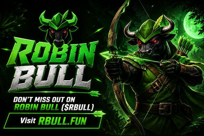 A dark, green-toned promotional graphic features an archer figure with glowing red eyes, a horned helmet, and a bow, alongside a bull-headed logo and the text "ROBIN BULL," "DON'T MISS OUT ON ROBIN BULL ($RBULL)," and "Visit RBULL.FUN," which directly supports the post's airdrop campaign announcement for $RBULL token.