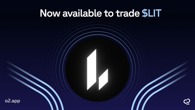 A promotional graphic announces "$LIT" is "Now available to trade," featuring the token's stylized "l" logo centered on a dark blue background with "o2.app" branding in the corners. The image visually supports the post's announcement of the new $LIT listing on the O2 app, highlighting its ultra-low trading fees and prop trading capital offering.