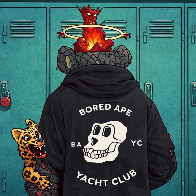 A digital illustration of a character wearing a 'BORED APE YACHT CLUB' hoodie, standing in front of teal lockers accompanied by a small cheetah-like creature.