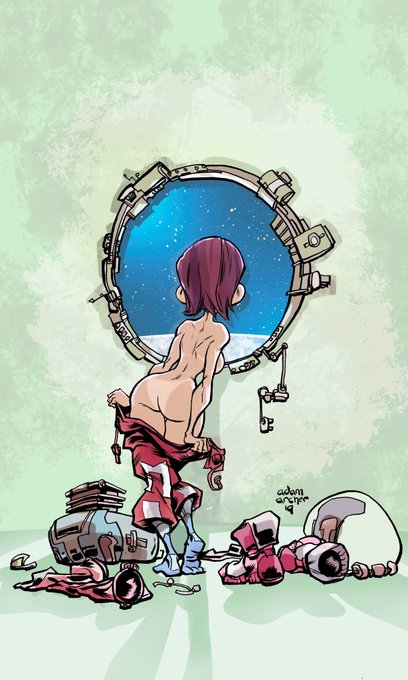 The artwork depicts a nude figure with short reddish hair gazing through a circular spaceship porthole at a starry sky, with discarded red armor, a helmet, and a robotic companion scattered on the floor below. The artist's signature "@adamarcherart" is visible on the character's leg, tying the sci-fi pin-up illustration to the Iron Cross Publishing promotion.