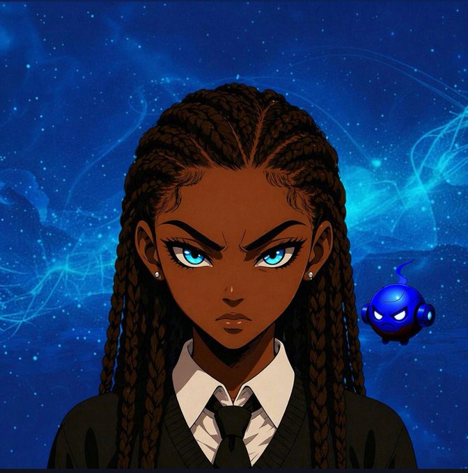 An anime-style digital illustration of a serious young woman with long braided hair, blue eyes, and a suit, accompanied by a small blue floating robot-like creature against a dark blue starry background.