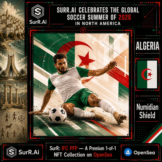 A promotional graphic for SurR.Ai celebrating the 2026 Soccer Summer, featuring a soccer player in front of the Algerian flag and labeled "Algeria - Numidian Shield."