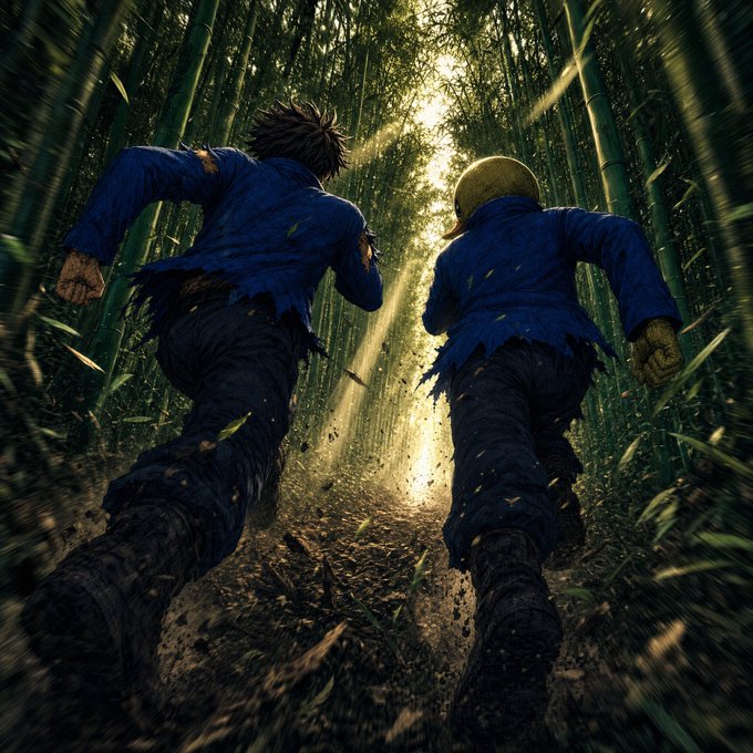 An anime-style illustration depicting two characters in blue jackets running through a bamboo forest, viewed from behind with sunlight streaming through the trees ahead.