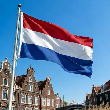 A red, white, and blue Dutch flag flies against a clear blue sky above traditional Dutch-style brick buildings with stepped gables, likely in the Netherlands.