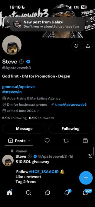 A screenshot of an X (Twitter) profile for 'Steve' (@Apsteveweb3) with the bio 'God first • DM for Promotion • Degen', showing 2.9K Following, 6.9K Followers, and a pinned post offering $10 SOL giveaway.