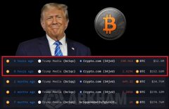 The image shows a snapshot of transactions detailing Trump Media's sale of Bitcoin totaling $165M, consistent with the accompanying news that Trump Media sold $165M of Bitcoin.