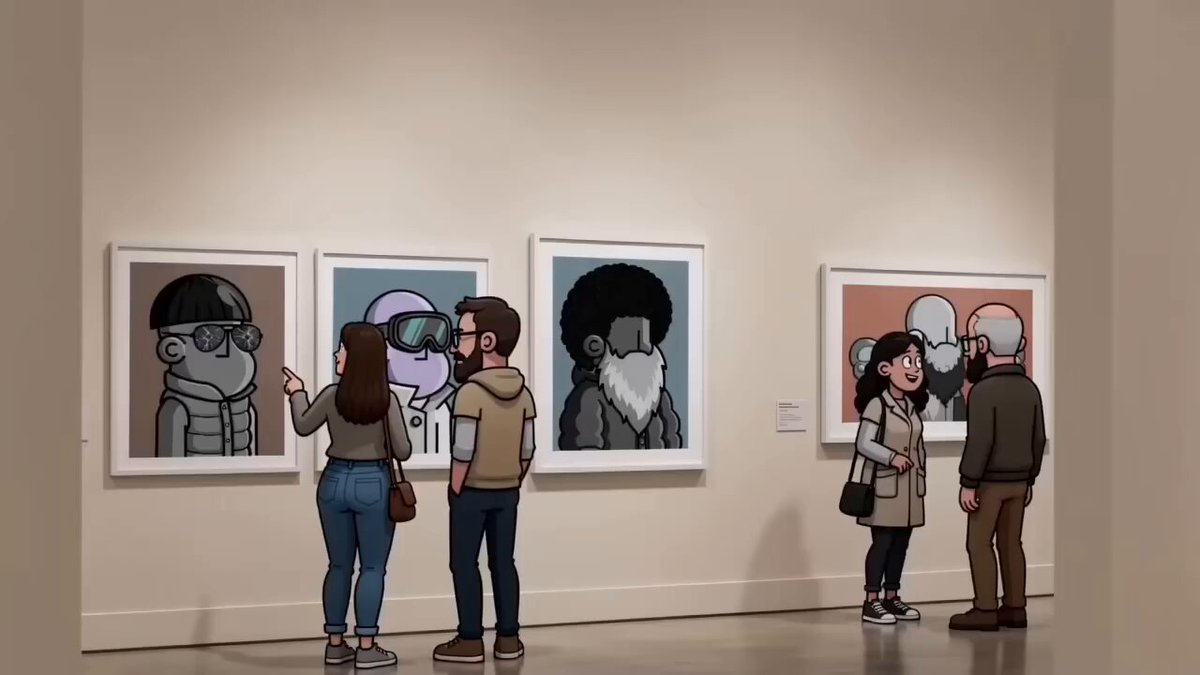 The image shows several people standing in front of a wall with multiple paintings, including cartoon characters. The group appears to be admiring the artwork or discussing their favorite pieces. The post about NFT art has been shared by someone who posted an image of the group and the paintings on social media platforms. The post includes text that reads "NPC has become a huge hit in the NFT art space. Hold onto your NPC assets! @npconchain". This suggests that the people in the image might be collectors or fans of NFT art, as they are gathered around the wall with various paintings and cartoon characters.