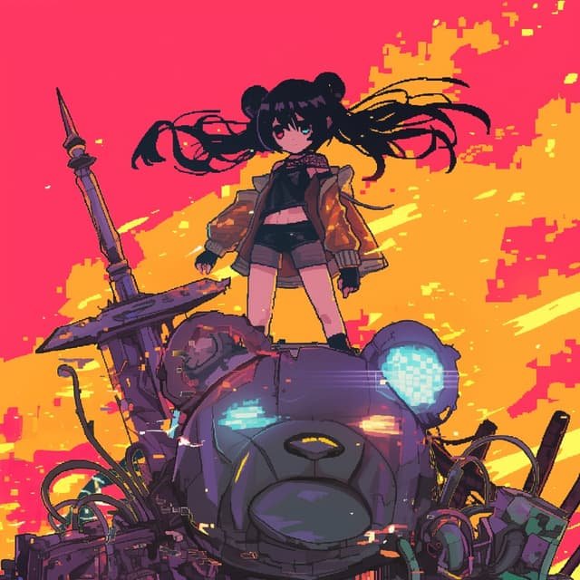 Anime-style illustration of a girl with long black hair and a brown jacket atop a defeated robotic bear, set against a vivid pink and orange pixelated background.