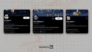 Three social media profile cards for NFT collections on the ARC platform, featuring @arc_bat, @arckitties ("The first cat collection on ARC"), and @arcgizmo, showcasing upcoming digital collectibles and marketplace projects.